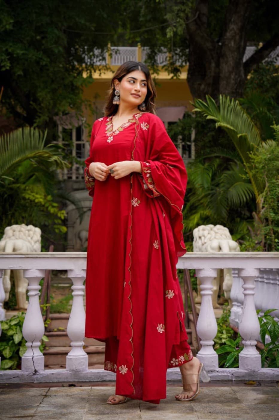Elora ruby-red embroidered A-line set